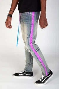 MEN'S FUSCHIA PAINT SPLATTER STRIPE TIE DYE DRAWSTRING BLUE FASHION JEANS 30-38 - Picture 1 of 3