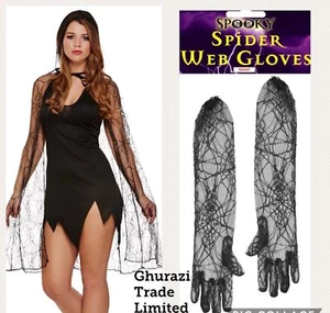 Schwarzes Spinnennetz Hexe Halloween Cape Umhang und lange Handschuhe Halloween Party - Bild 1 von 8