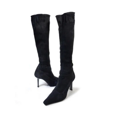 $750 LORIBLU Boots 37 Black Kid Suede Stretch Slim Boots *PRIMO* Size 7 - Image 1 of 4