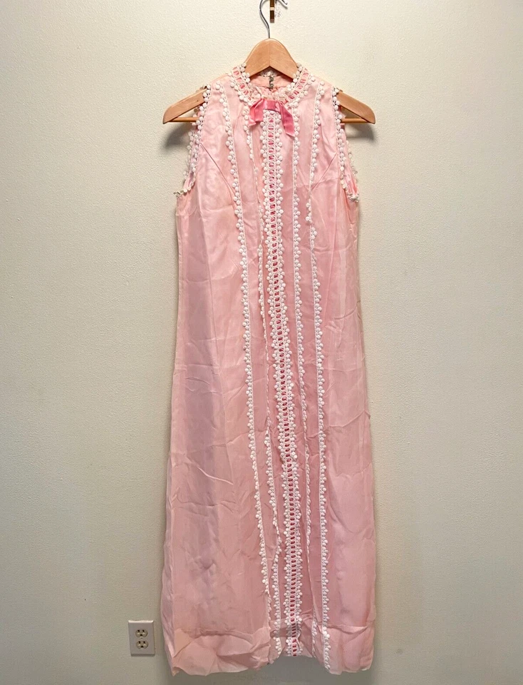 Vintage Handmade Womens Dress Medium Pink Ruffle Lace Trim Fantasy Princess 70s - Image 1 of 4
