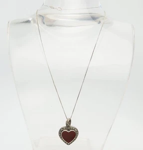 Vintage sterling silver carnelian marcasite double sided heart pendant necklace - Picture 1 of 5