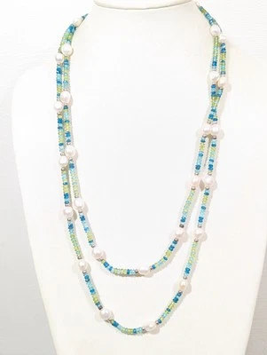 Gemstone & Pearl Necklace Single Strand Blue Green Faceted Beads Boho Chic Long - Image 1 of 4