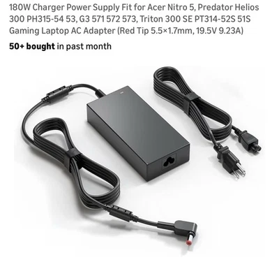 180W Charger Power Supply Gaming Laptop AC Adapter Red Tip 5.5×1.7mm 19.5V 9.23A - Image 1 of 4