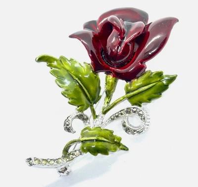 Large Vintage Enamel  Marcasite Rose Brooch - Image 1 of 4