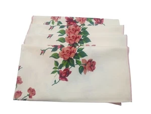 Vtg Set Of 4 Cloth Linen Dinner Napkins 17 x 17.5” Floral Pink Roses W/Pink Trim - Picture 1 of 4