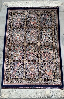 Alfombra 100 % seda diseño compartimento alfombra de seda hecha a mano flecos y bordes 2x3 pies Foto 1 de 4