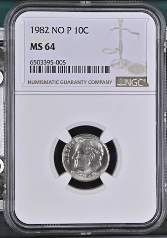 1982 No "P" Roosevelt Dime - NGC MS64 Mint Error Cover