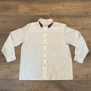 FOXCROFT Women Button Up Long Sleeve White Shirt Size 16 Embroidered Vintage - Picture 1 of 10