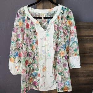 Fig and Flower Popover Blouse Plus Size 1X Blue Floral Balloon Sheer Lace - Picture 1 of 13