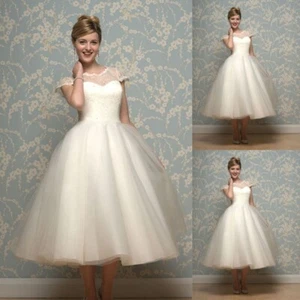 Short Wedding Dresses Tea Length Elegant Short Sleeves Tulle A Line Bridal Gowns - Picture 1 of 10