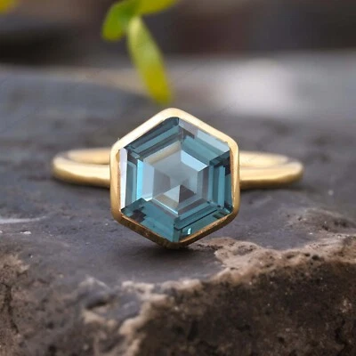 9k Solid Gold 7MM Hexagon Shape Natural Alexandrite Ring Solitaire Promise Ring - Image 1 of 4