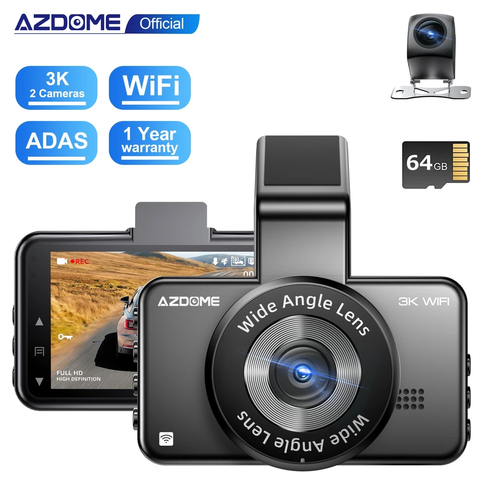 AZDOME WiFi Dash Cam APP 3"IPS 1080P FHD ADAS Recorder Parking Mode Night Vision