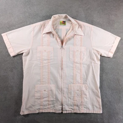 VTG Haband Guayabera Shirt Mens Large Peach Cotton Cuban Embroidered Full Zip - Image 1 of 4