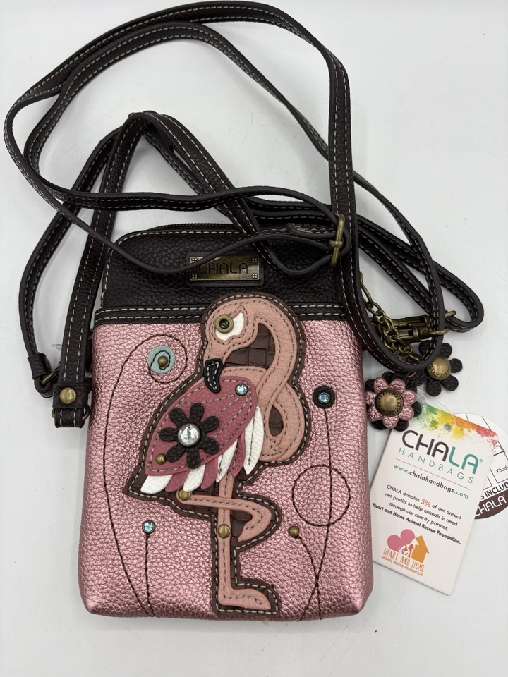 CHALA NAVY BLUE FLAMINGO GROUP BIRDS FLOWER CELL PHONE CROSSBODY PURSE