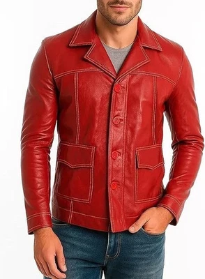 Men’s Red Leather Jacket Fight Club Tyler Durden Brad Pitt Motorcycle Biker - Image 1 of 4