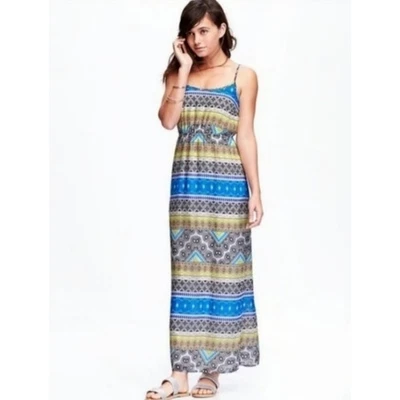 Maxi Vestido Para Mujer Old Azul Marino Grande Estampado Geométrico Sin Mangas Foto 1 de 4