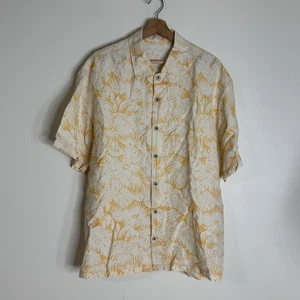 Tommy Bahama Shirt Mens Extra Large Yellow White Linen Silk Palm Hawaiian Casual - Picture 1 of 11