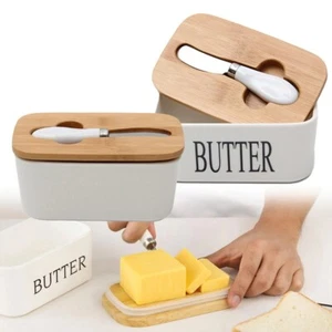 Butter Sealing Box Ceramic White Plate And Wooden Lid W/ Knife Kitchen Storage - Picture 1 of 6