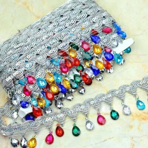 9 M Hanging Beads Fringe Lace Rhinestone Ribbon Tassel Trim Apparel DIY Sewing - Picture 1 of 18