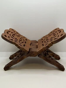 VINTAGE Open Book DISPLAY STAND HAND CARVED Brown Wood Bible Cookbook Holder - Picture 1 of 10