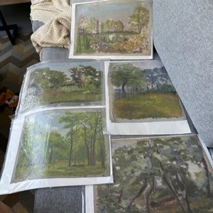 Vintage Painting Acrylic Lot of 5 Landscape Trees Meadow Forest Unsigned - Picture 1 of 9