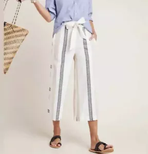 Anthropologie Shorebound Striped Linen Pants Medium Cropped Wide Leg Lagenlook - Picture 1 of 11