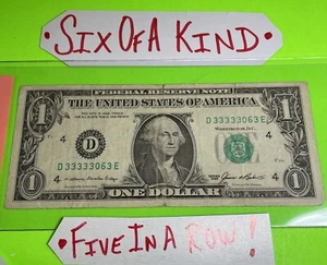 Six Of A Kind Threes Five In A Row 3’s One Dollar Bill Series 1985 “Vintage” - Picture 1 of 16