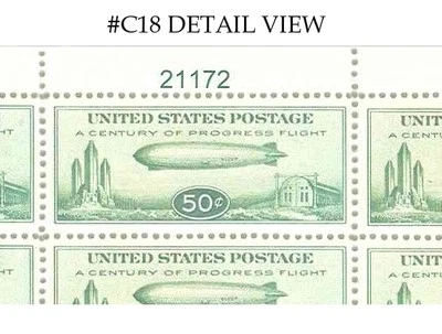 U.S. 'BABY ZEPPELIN' 50¢ AIRMAIL #C18 (FULL SHEET OF 50 STAMPS) -REPRODUCTION- - Image 1 of 2