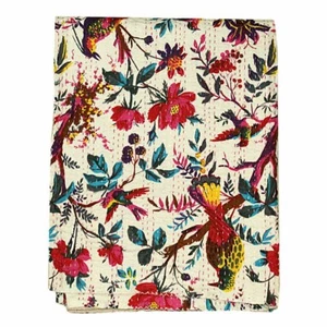 Vintage Handmade Bird Print Bedspreads Indian Kantha Quilt Cotton Throw Blanket - Picture 1 of 3