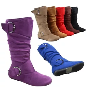 NEW Women's Faux Leather Suede Flat Heel Zip Mid Calf Boots Shoes Size 5 - 10 - Picture 1 of 59