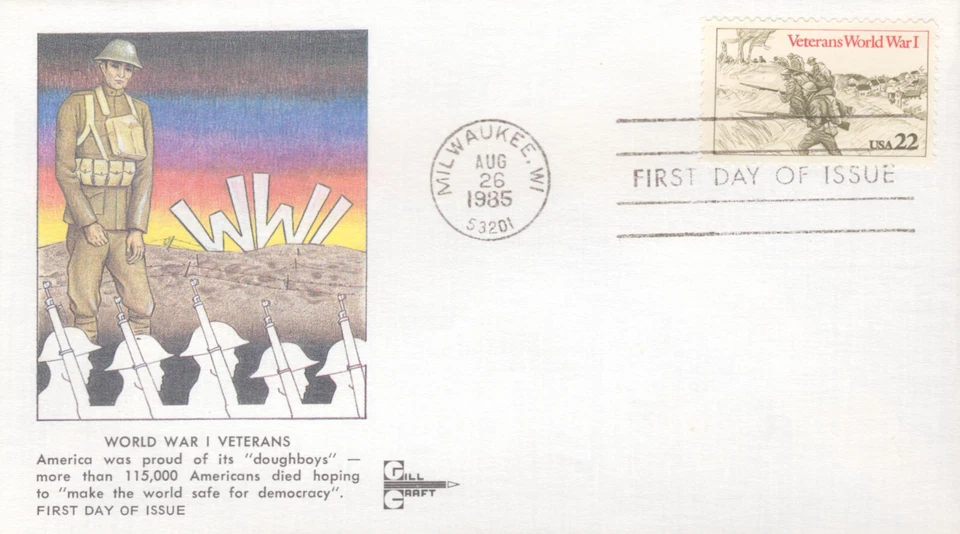 1985 FDC - Scott# 2154 - Vets of WW I -  Gill Craft Cachet  UA - Image 1 of 1