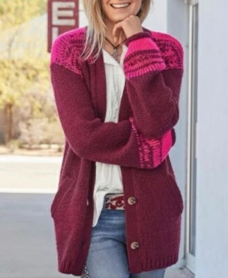 Women's Sundance Wool Blend Open Front Duster Chunky Knit Cardigan Sz Medium Red - Imagem 1 de 4