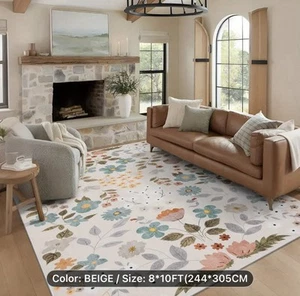 Bliss Beige Floral Soft Machine Washable Indoor Area Rug 8 x 10 Limited Edition - Picture 1 of 10