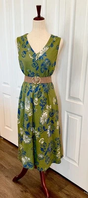 Woman's Size L Midi Dress by Coldwater Creek, 100 % Cotton, Olive & Blue Batik - Image 1 of 4