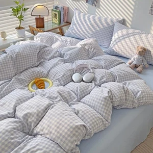 Gray Blue Buffalo Plaid Gingham Duvet Cover Set,Grid Checkered Bedding Set wi... - Picture 1 of 6