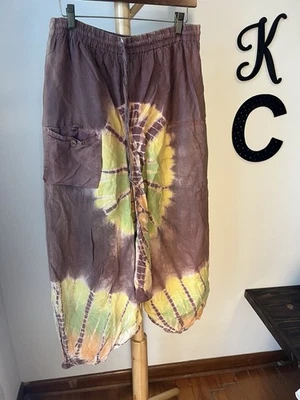Harem Pants Tie Dye Women Festival Purple Yellow Bohemian One Size Drawstring - Image 1 of 4