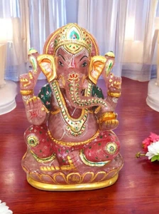 9" Rose Quartz Gemstone Ganesh Sculpture and Painted Hindu Religious God Gift - Foto 1 di 5