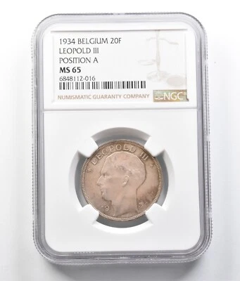 Bélgica 1934 20 francos Leopoldo III posición A MS65 NGC *7018 Foto 1 de 3