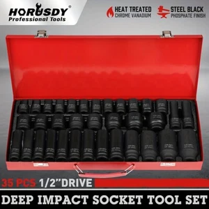 35-Pc 1/2" Drive Impact Socket Set, Metric 8-32mm, Deep 10-32mm, 6 Pt,Steel Case - Picture 1 of 6