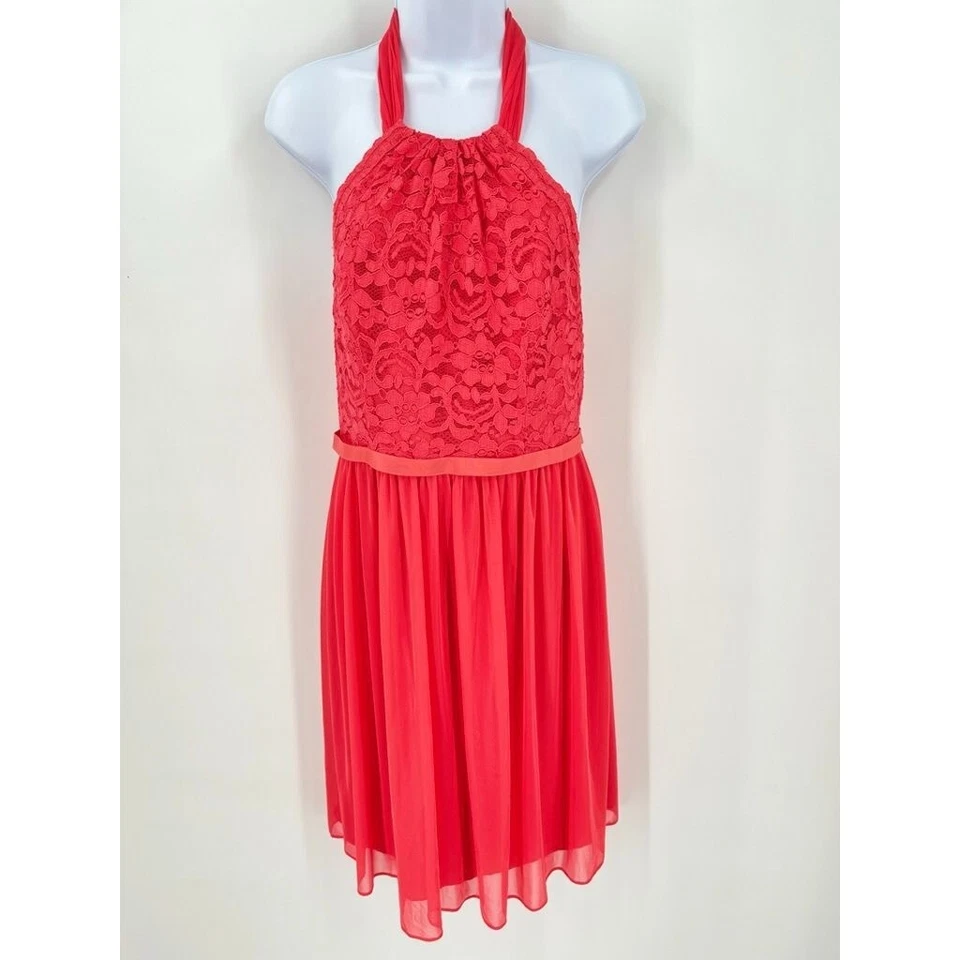 Davids Bridal Halter Dress Lace Top Guava Size 8 Lace Top Knee Length Prom - Image 1 of 4