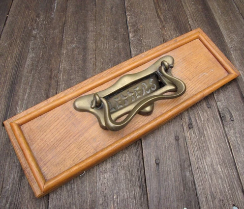 Antique Brass Letter Box Plate with Door Knocker on Wood Panel Mailbox Mail Slot Cover