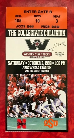 1998 NEBRASKA HUSKERS - OKLAHOMA STATE @ ARROWHEAD STADIUM TICKET STUB Cover