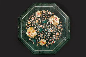 Mesa auxiliar de centro de mármol verde de 24" con incrustación floral Pietra Dura Art decoración del hogar de lujo - Imagen 1 de 9