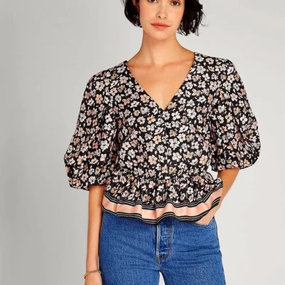 Blusa Top Para Mujer Club Monaco Floral Cintura Cuello en V Manga Globo Nueva con Etiquetas Talla L Foto 1 de 4