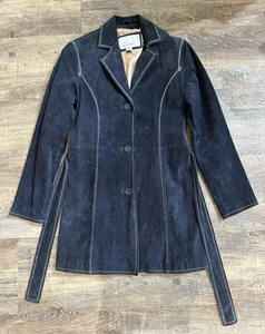 Wilsons Maxima Suede Leather Jacket Womens S Blue Trench Coat Belted Button Up - Picture 1 of 13