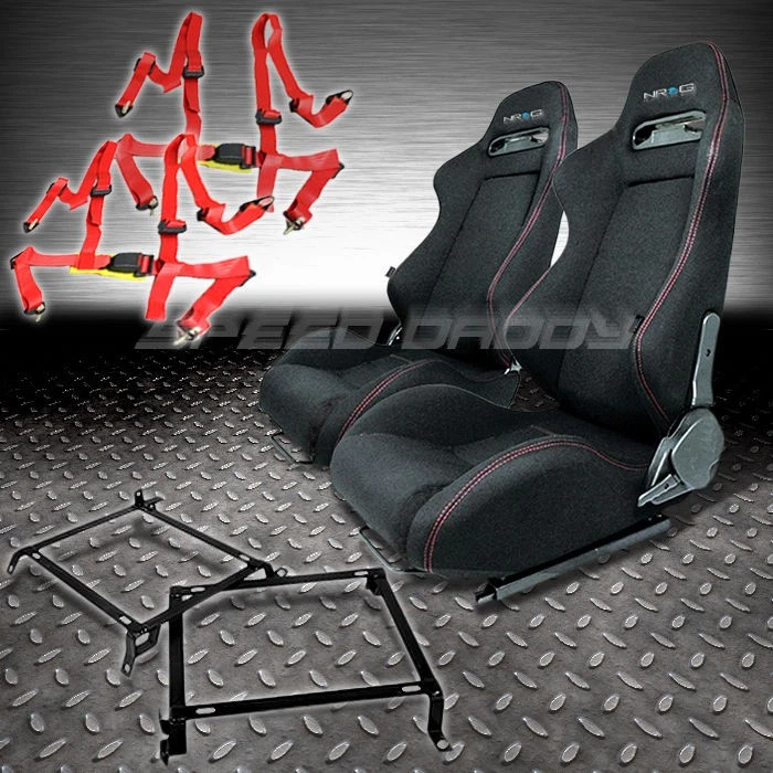 NRG 2X BLACK TYPE-R RACING SEAT+SLIDER+BRACKET+4PT RED BELT FOR 92-00 CIVIC/DC - Imagem 1 de 1
