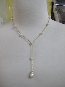 DAINTY 14k Yellow Gold PEARL Station LARIAT Necklace - Picture 1 of 8