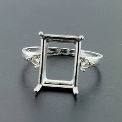 PRE-NOTCHED 14X10MM EMERALD CUT RING 3MM RD ACCENTS .925 STERLING CR327SS - Image 1 of 4
