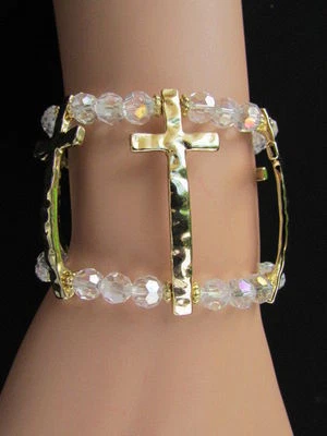 Damen Armband Mode Klar Gold Elastisch Metall Kreuz Perlen Trendy Schmuck Breit - Bild 1 von 4