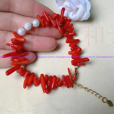 Brazalete de perlas irregulares de coral rojo natural de 3-10 mm y concha blanca de 7,5 pulgadas Foto 1 de 4